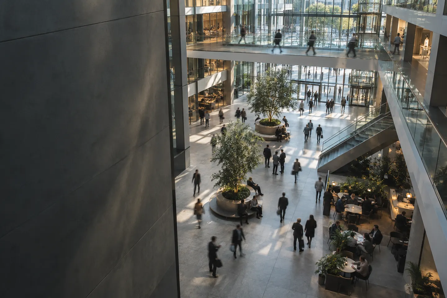 People moving through the atrium of a European business centre