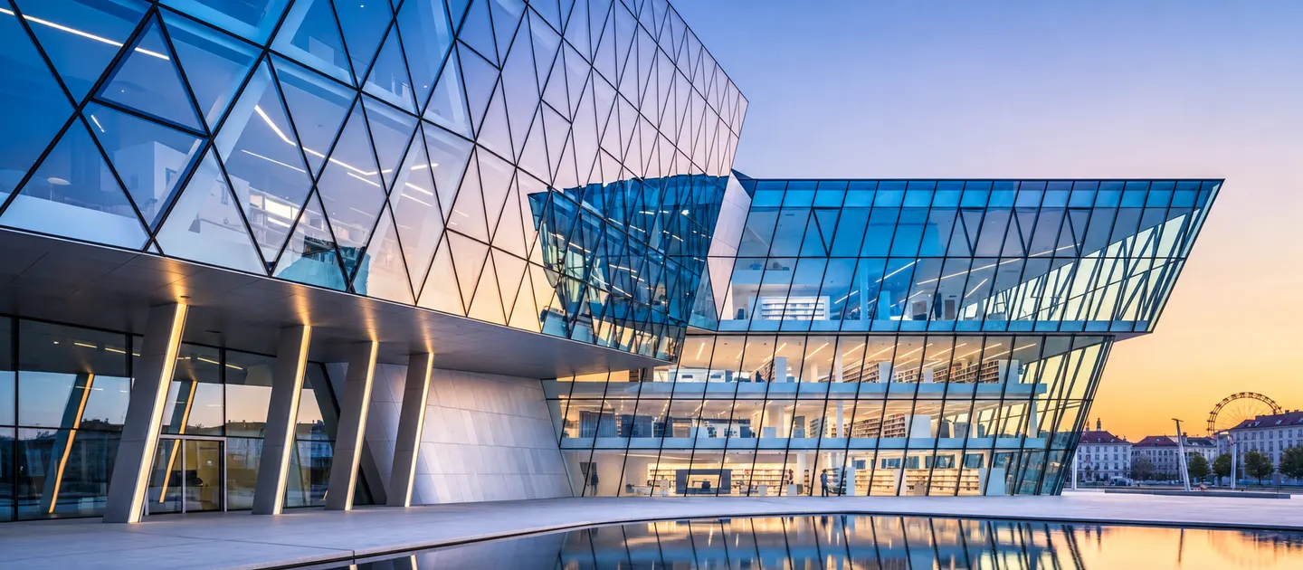 Angular glass office building at dusk, its facade reflected in a pool, with a Ferris wheel on the skyline