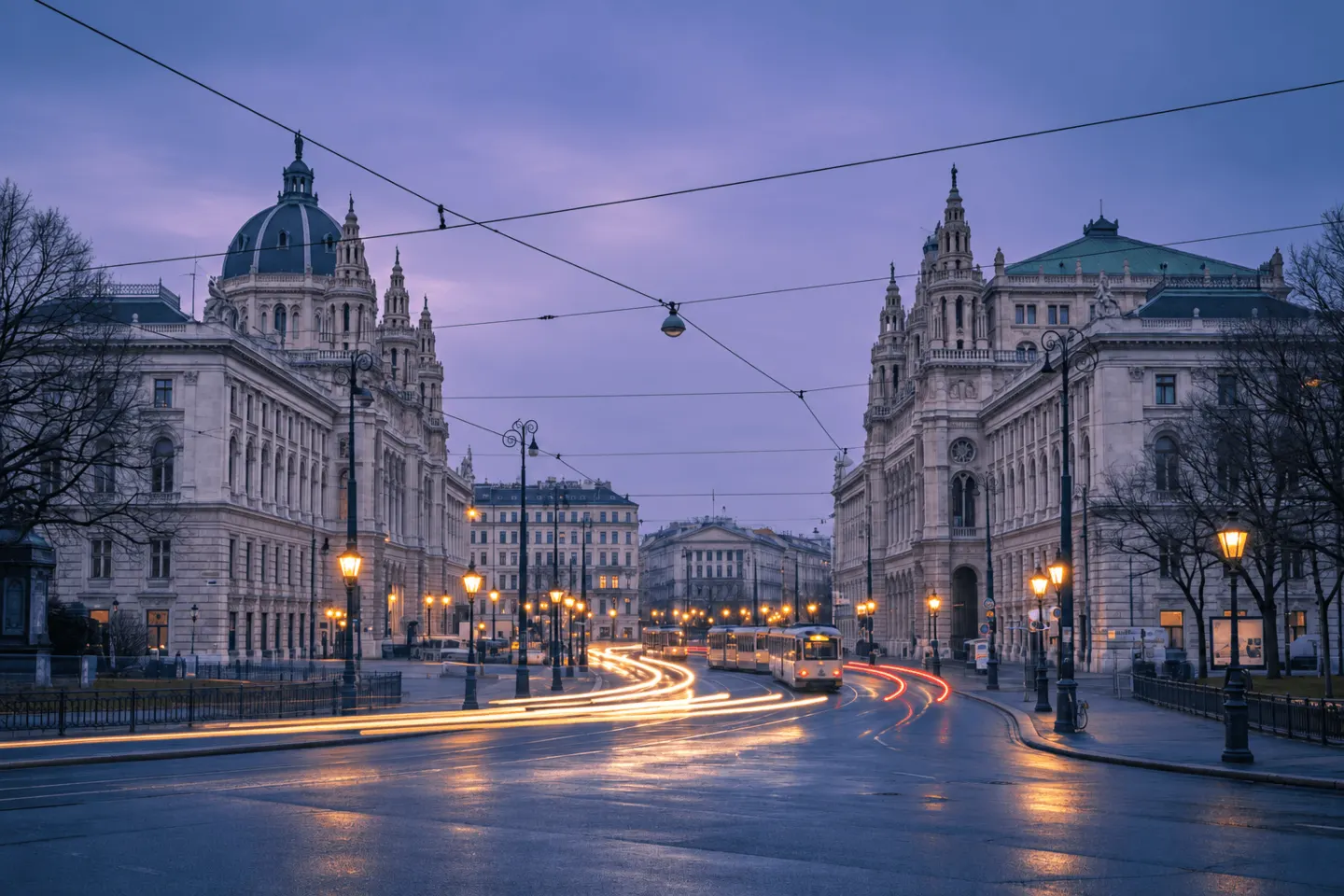 Aerial view of Vienna at dusk with illuminated cityscape and Danube river