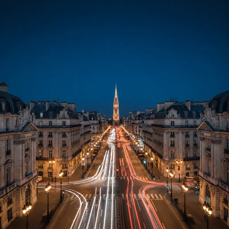 Night view down a boulevard of ornate apartment buildings, traffic light trails leading to a floodlit spire