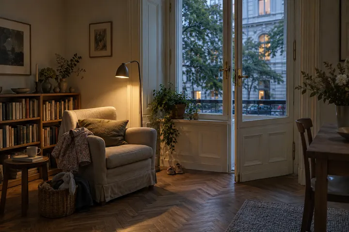 Living room of a Viennese apartment at dusk, looking out onto a residential street