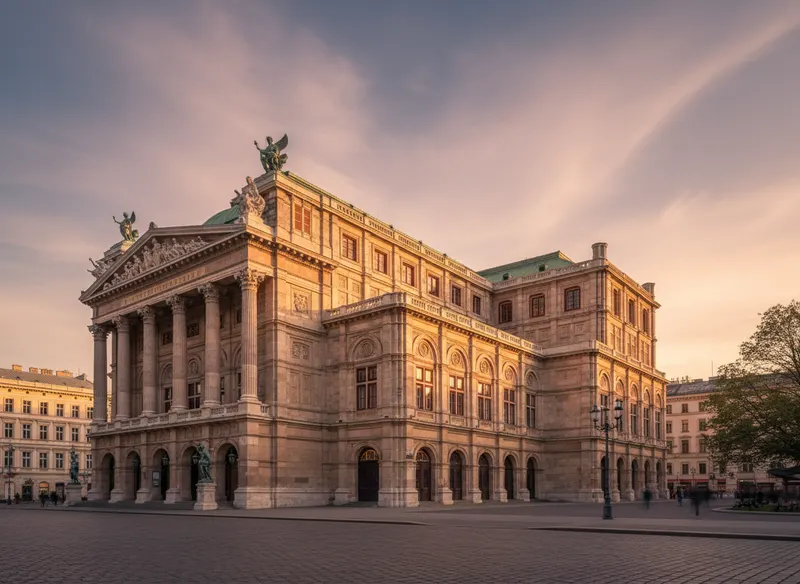 Vienna State Opera house (Wiener Staatsoper) classical facade at dusk